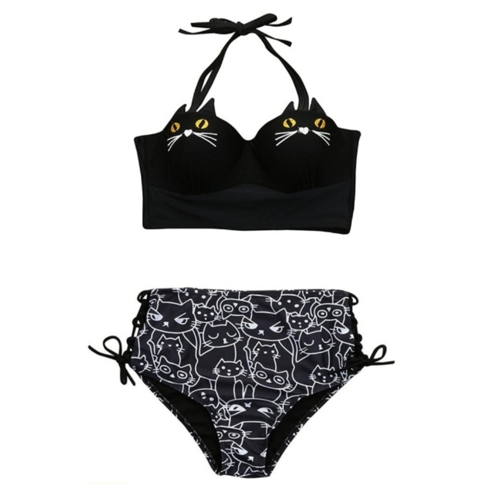 ●SALE●🇨🇦Kitty Cat Bikini Set Underwire Padded Bathing Suit Black￼￼￼￼￼